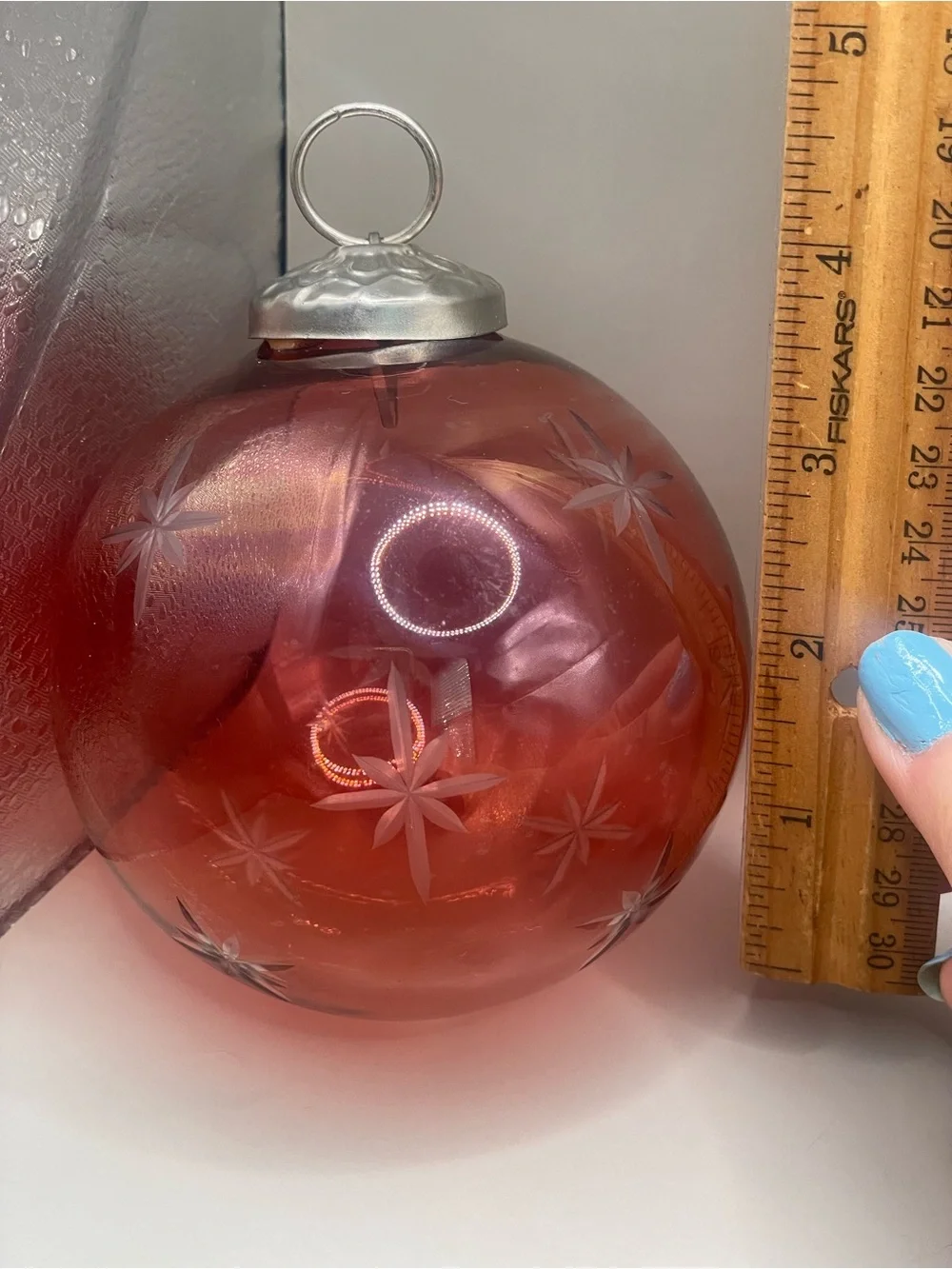VTG Red Cut Glass Kugel Style 4” Christmas Ornament Not marked Heavy Snowflakes